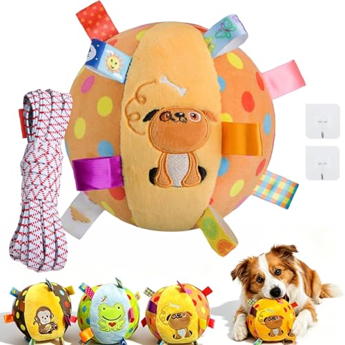 Bnmkt Colorful Squeaky Hanging Dog Training Toy Built-in Bell Shakes to Make Sound for Independent Play Funny Interactive Elasticity Chew Toys for Medium and Small Dogs Boredom Relief
