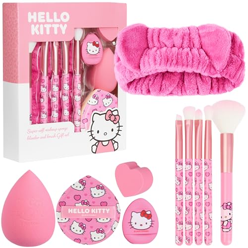 Image of Get Trend Hello Kitty Sanrio Makeup Brush Sponge Set for Girls, Teens with Headband Powder Puffs Soft Brushes Beauty Sponges, Kawaii Gifts for Girls (Pink Hello Kitty)