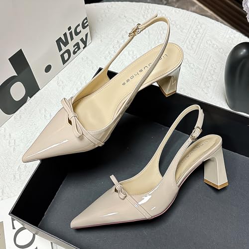 Women's Bow Slingback Block Heels Closed Pointed Toe Comfortable Patent Leather Pumps with Buckle Slip-On Work Wedding Party Dress Shoes2