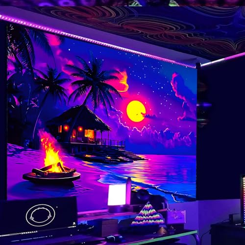 Image of Nuxovilar Tropical Beach UV Reactive Tapestry, 78.74 inchx59.05 inch Polyester | Tropical decor, beach art, blacklight tapestry, neon backdrop for bedroom, dorm, lounge (Beach hut print)