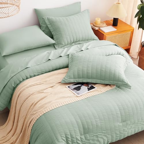 Image of CozyLux Full Size Comforter Sets Sage Green, 7 Pieces Seersucker Textured Luxury Bed in a Bag, All Season Soft Bedding Set with Down Alternative Comforter, Sheets, Pillowcases & Shams, Bedroom Bed Set