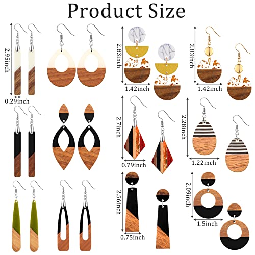 Henoyso 12 Pairs Wooden Earrings for Women Boho Dangle Geometric Lightweight Studs Resin Statement Earring2
