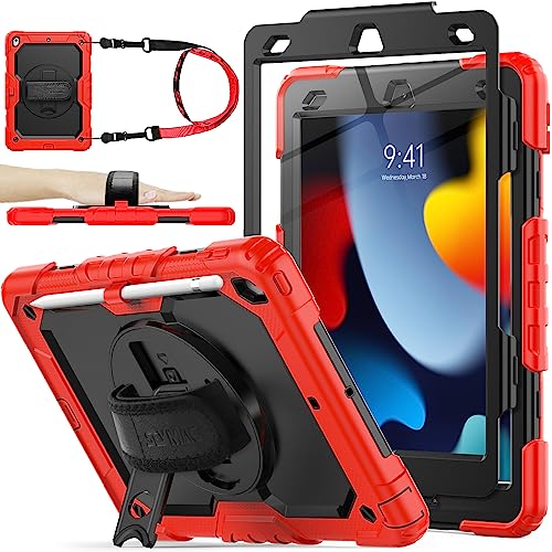 Image of SEYMAC stock Case for iPad 9th / 8th / 7th Generation 10.2'' with Screen Protector Pencil Holder, 360 Rotating Stand Shoulder Strap Protective Case for iPad 10.2 inch (2021 /2020 /2019), Red