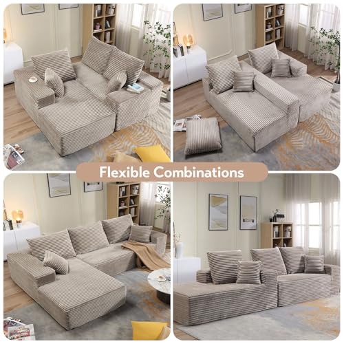 Image of 107.5 inch W Modular Sectional Sofa, Upholstered Corduroy Cloud Couch with Deep Seat, Modern 3-Seater L-Shaped Sofa for Living Room, No Assembly Required (Camel, Left-Facing Chaise)