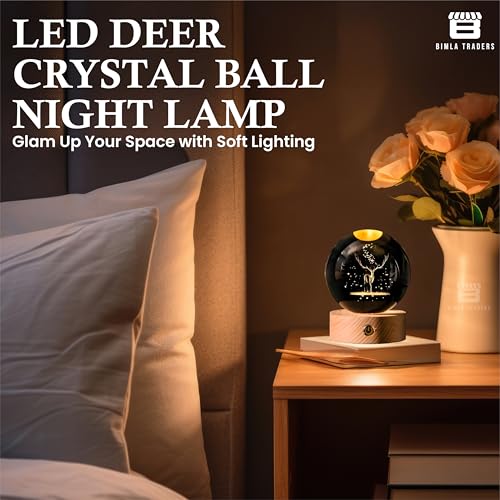 Image of 3D Deer Crystal Ball Night Lamp, LED Glass Ball Table Lamp with Wooden Base for Home Decor, Office, Birthday Gift (Deer)