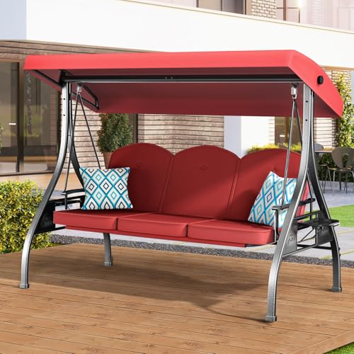 Image of ZZW 3 Seat Outdoor Porch Patio Swing with Stand 800lbs 2-in-1 Convertible Swing Bed with Adjustable Canopy & Removable Cushion for Yard Garden Deck (Red, Square Tube)