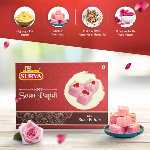 Image of HF, Surya Rose Petals Soan Papdi- 400g | No Added Preservatives or Colours | Nutritious Delicious Soft Flaky High Protien Mithai with Almonds Pistachios