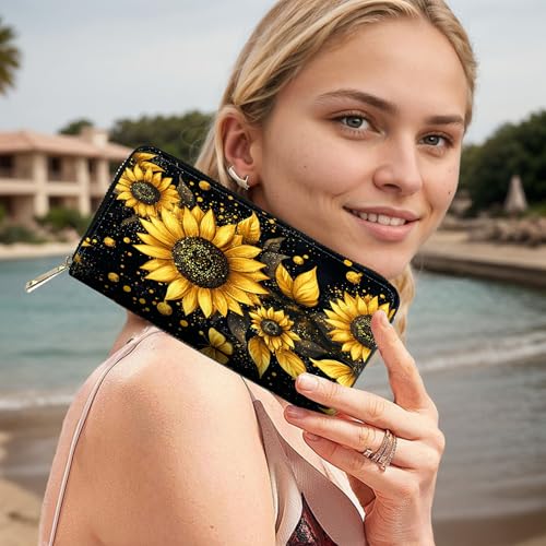 Image of RFID Blocking Leather Wallet for Women - Large Capacity Zip Around Clutch with 8 Card Slots,29 Cash Pockets & Coin Zipper,Sunflower