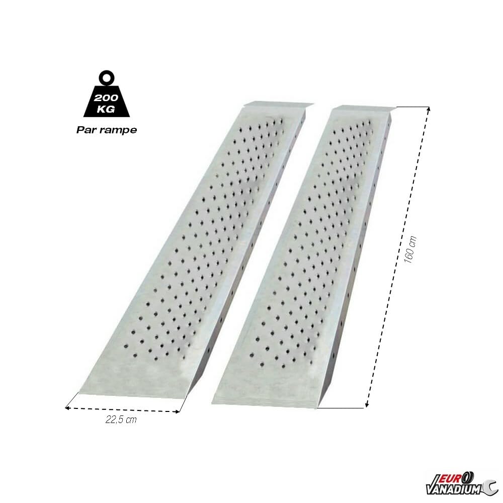 Lote de 2 Rampas de Carga de Acero 1,60 m - Rampas Antideslizantes Galvanizadas 400 kg para Moto, Tractor Cortacésped, Remolque o Plataforma de Transporte