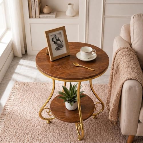 Image of CARTADEN 2 Tier End Table in Living Room, Industrial Style Round Bedside Table with Storage, Small Outdoor Coffee Table for Bedroom Balcony Patio Gold Brown