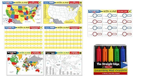 Melissa & Doug Telling Time, United States, Multiplication, Countries Placemats - 4 x Learning Mats for age 6-7 group with bonus Learning Mat Crayons