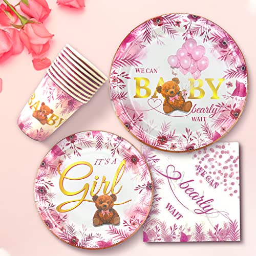 Image of Pink Bear Baby Girls Shower Decorations Plates Napkins Cups Set - We Can Bearly Wait Baby Shower Supplies for 20 Guests Its A Girl Pink Baby Shower Plates for Girls Teddy Bear Baby Shower Party