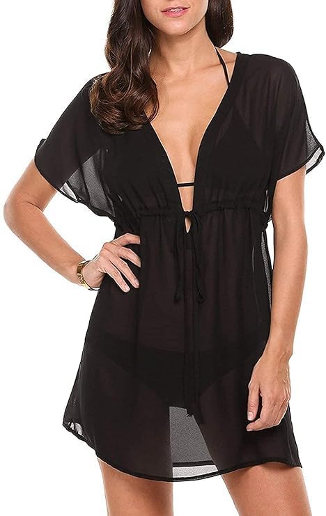 Women’s Sheer Chiffon Beach Cover Up – Lightweight Bikini Swimsuit Cover Dress, V-Neck, Short Sleeve, Summer Swimwear (free size)