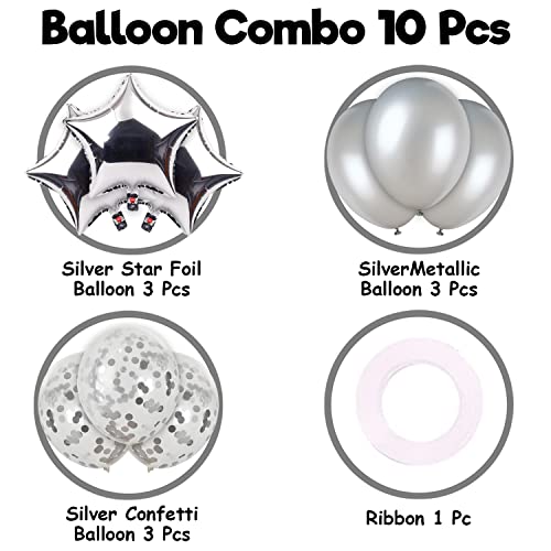 Image of Party Propz Silver Balloons for Decoration - 10Pcs Set with Foil Star Balloons for Decoration, Confetti, Metallic Balloons