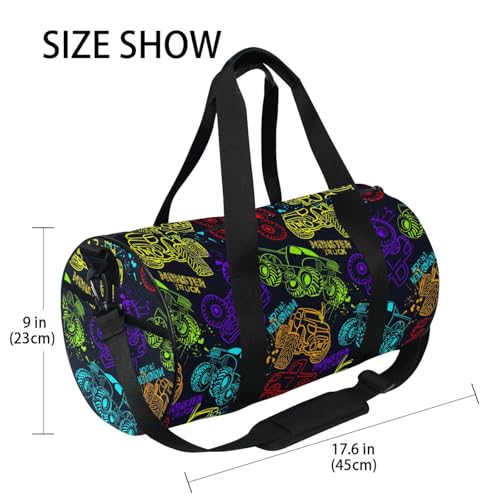 Round Duffel Sports Bag Colorful Monster Truck Lightweight with Inner Pocket Gym Bag for Men Women Duffle Bag for Travel Sports3