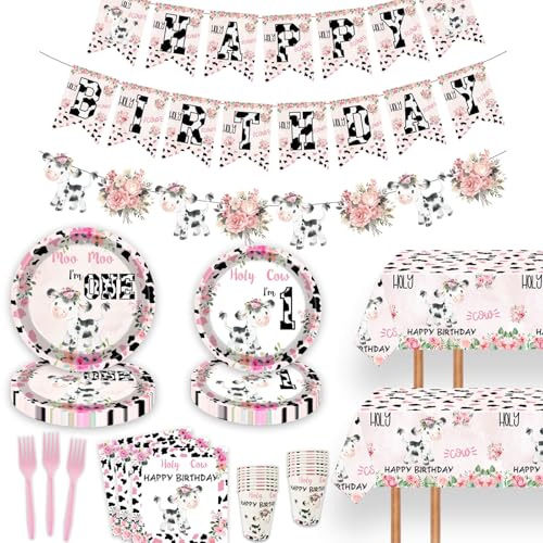 118 Pcs Holy Cow I'm One Birthday Party Decoration Moo Moo I'm One Paper Plates Napkins Forks Cups Tablecloth Banner Dinnerware for Farm Animals Cow Theme Baby Shower 1st Birthday Party Supplies
