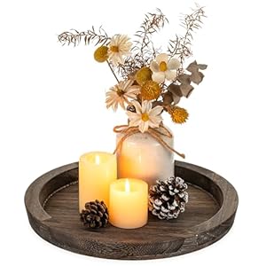 Hanobe Wooden Tray for Coffee Table: Candle Holder Plate Round Decorative Serving Tray – Vintage Table Centerpiece Rustic Farmhouse Home Decor