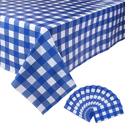 Image of Kesfey 12 Packs Bule and White Checkered Tablecloths Party Picnic Disposable Table Covers 54 x 108 Inches Splashproof Plastic Checkered Gingham Tablecover for Outdoor Dinners Party Retro Celebrations