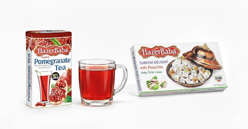 Hazer Baba Turkish Delight Pistachio Candy & Pomegranate Instant Powder Drink Bundle