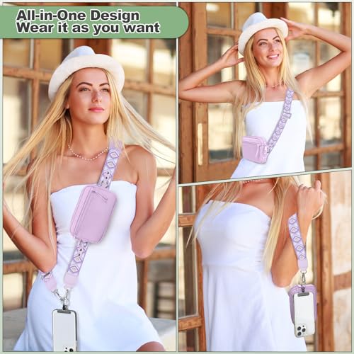 Image of YFWE Clip and Go Strap for Phone with Wallet Crossbody, Adjustable Phone Lanyard with Detachable RFID Wristlet Wallet, Pattern Strap, Light Purple(M)