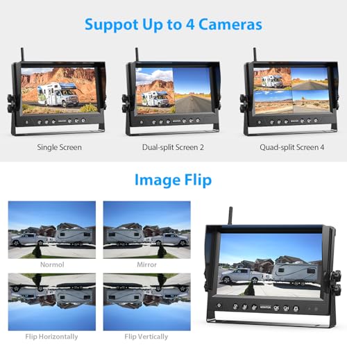 4 Magnetic Solar Wireless Backup Camera HD1080P 9" Loop Recording Monitor, Quad RV Rearview Backup Cameras Wireless System for Trailer RV Trucks, Built-in 9600mAh Solar Battery, BL904