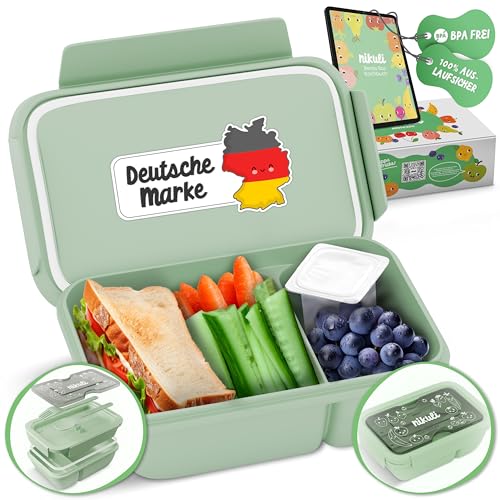 nikuli Bento Box - Fiambrera para niños, extra antigoteo, incluye libro electrónico con recetas saludables fiambrera, fácil y segura para guardería y escuela (verde)