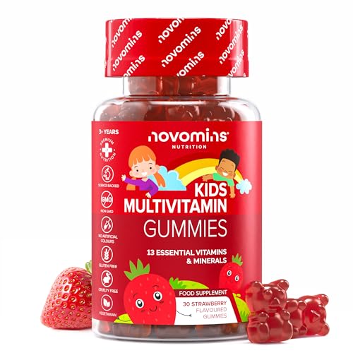 Multivitaminas Niños - 30 Gominolas - Sabor fresa Vitaminas para Niños - con Zinc, Biotina, Yodo, Ácido Fólico, Vitamina C, D, A, E, B6 - Vegano y Sin Gluten - Kids Multivitamin - Novomins