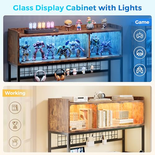 Image of L Shaped Gaming Desk with Drawers, Corner Computer Desk with LED Tempered Glass Display Cabinet, Shaped L Office Desk with Charging Station and Fabric Drawer, PC Desk for Gaming and Office, Brown
