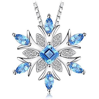 JewelryPalace Snowflake Flower Genuine Swiss Blue Topaz Necklace for Women, 14k Gold Plated 925 Sterling Silver Necklaces for Women, Gemstones Birthstone Statement Pendant Necklace, 18 Inch Box chain