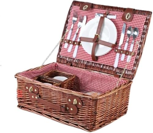 Zxyler シェルフバスケット カトラリー付きック、籐製、に最適、春のお出かけ、セレブ向けのフルセット 手作り、蓋付き、籐製セット、調理器具とカトラリー、 洗える裏地付き、屋外キャンプ用収納ボックス 籐製、食器
