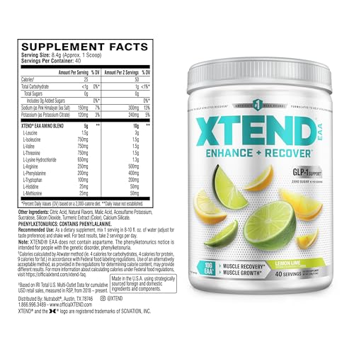 Image of Xtend EAA + BCAA Powder for Muscle Recovery & Lean Muscle Growth, 9 Essential Amino Acids for Intra Workout or Post Workout Recovery, 10g EAAs Per 2 Servings, Lemon Lime 40 Servings