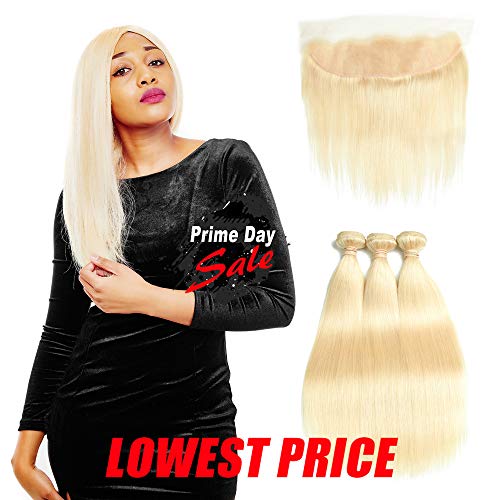 Queen Plus Hair Peruvian 613 Blonde Straight Human Hair 3 Bundles With 13x4 Lace Frontal Closure Pre Plucked Honey 8A Blonde Virgin Hair (24 26 28 with 20 Frontal)