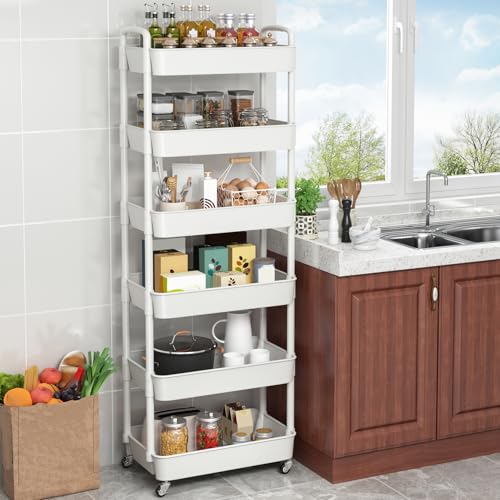 Image of Sywhitta 6-Tier Plastic Rolling Utility Cart with Wheels for Storage,White | Multi-Functional Storage Trolley, for Office, Living Room, Kitchen, Bathroom,Movable Organizer,Space-Saving,Easy to assemble