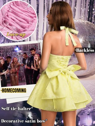 Image of ShawGobow Jacquard Corset Dress,Deep V Halter Mini Dresses with Bow Back,Sexy Birthday Outfits Women Homecoming Prom Formal