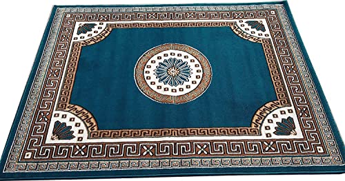 Image of Gold Area Rug with Greek Key Border and Floral Centre (Blue, 6x8) | Living Room & Bedroom, Classic & Modern Decor, Easy to Clean, Soft Pile Design, Fits Under Furniture