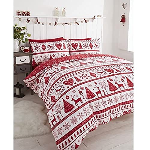 Noel Juego de Ropa de Cama con 2 Fundas de Almohada, diseño de árboles de Navidad, Poliéster, Rojo, Rey, Matrimonio