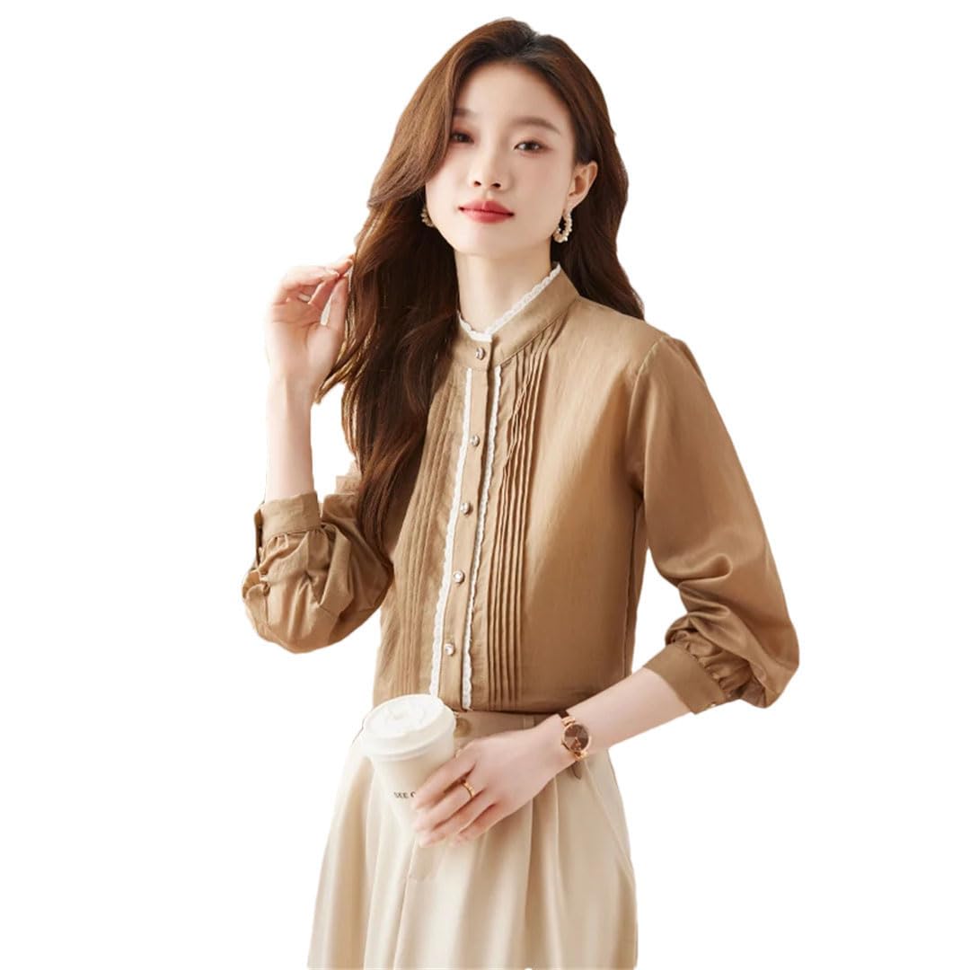 Blusa de manga larga con botones para mujer, estilo vintage, elegante, con cuello alto, para oficina