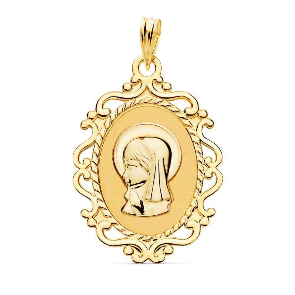 Virgen Niña medalla oro 18k Primera Comunión colgante 23mm. ovalada formas - Personalizable - GRABACIÓN INCLUIDA EN EL PRECIO