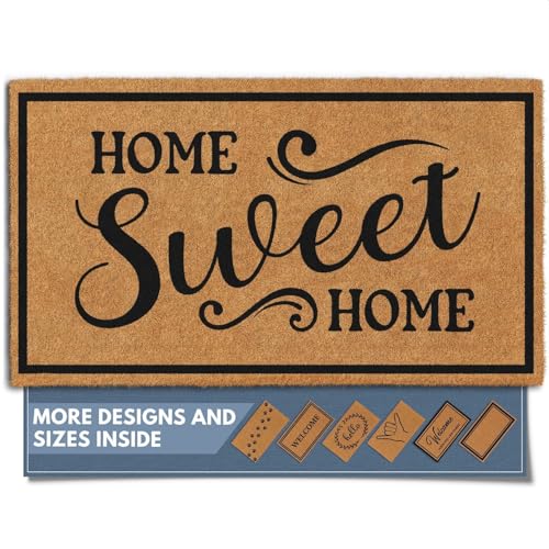 Barnyard Designs Natural Coco Coir Heavy Duty Backing Doormat - Large Cute Non-Slip Front Door Welcome Mat for Outside Entrance or Porch Entry Brown (17x30 Home Sweet Home)