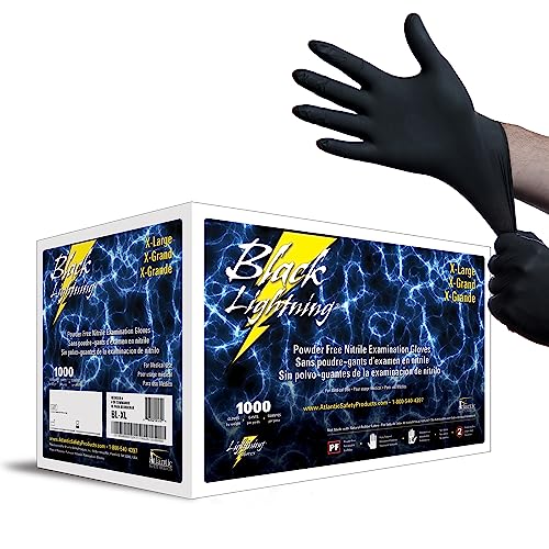 Atlantic Safety Products Black Lightning Exam Gloves, Disposable, Powder-Free Nitrile