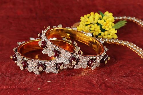 Image of LAVAZZA Stylish Butterfly Design Golden Metal with Zircon Diamond & Pearls Moti Bangles Kada For Women & Girls | Traditional Girl's Bangles Bracelet | Women's Kangan Wedding, Party-Set of 2