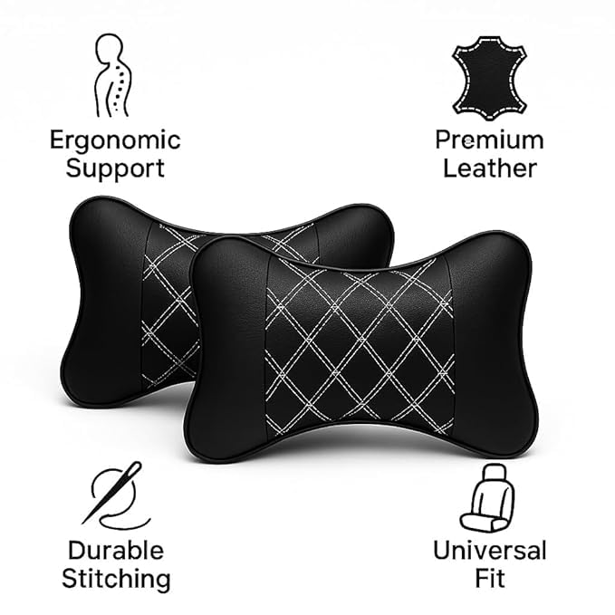 Image of Leather Car Neck Pillow for Travel, Travel Micro Fiber Rest Pillow /Cushion Set of Pillows Compatible with All Cars - Pack of 2 Pieces (White Black)