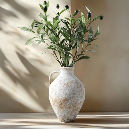 Vintage Ceramic Vase with Fake Olive Branches, Farmhouse White Vase with 2Pcs Faux Olive Plant...