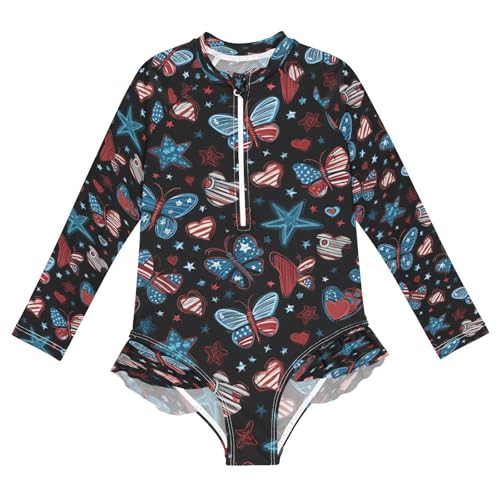 AEZODI July 4th Butterflies Stars Girls Long Sleeve Swimsuits One Piece Zipper Bathing Suit UPF 50+ Rashguard Swimwear