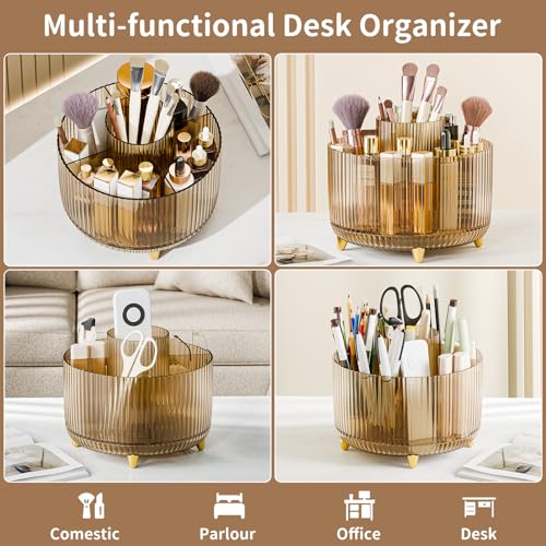 Image of fanado 360 Rotate Makeup Brush Holder Organizer, Makeup Organizers Countertop, Makeup organization and Skincare Storage for Vanity, Desktop, Bathroom (Clear Amber)