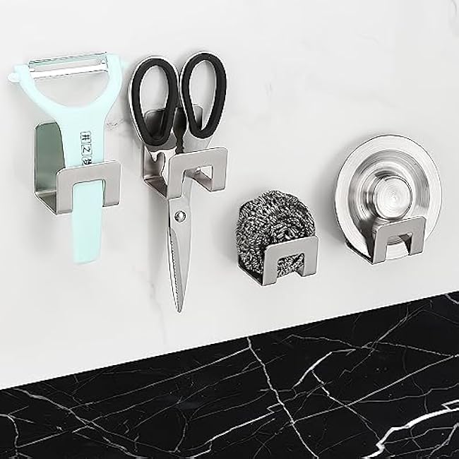 2Pcs Sponge Holder for Kitchen Sink - Stainless Steel | Brushed Silver Finish | Secure Placement with Strong Adhesive | Versatile Kitchen Organizer for Sponges | Brushes | Utensils