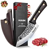 Huusk Japanese Mini Cleaver Knife, Small Meat Knives with Sheath, Unique Caveman Knives, Hand Forged Full Tang Chef Viking Knife for Fishing, Outdoor Camping, BBQ, Christmas Gifts for Men