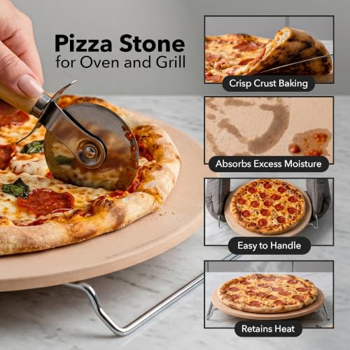 Image of OVENTE 13 inch Round Pizza Stone for Oven and Grill, Beige BW10132 | Heat Resistant Flat Ceramic w / Cutter Wheel, Metal Rack Stand, Ideal for Making Crisp Crust Flatbread, Bread, Cookies & More