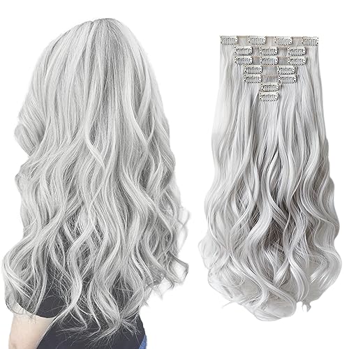 SYXLCYGG Silver White Hair Extensions Clip In Hair Extension 18 Wavy 5 Oz Synthetic Fluffy Not Tangled Hair Piece Women
