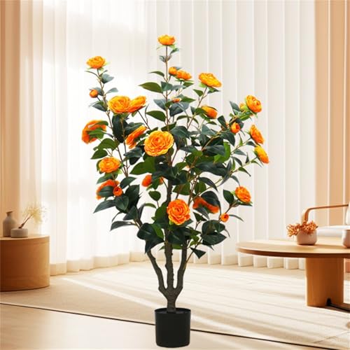 Garveehome 1Pc 3.28ft Artificial Camellia Tree, Faux Camellia Plant in Pot with Realistic Flowers Decorative Floor Plant for Indoor Outdoor Home Office Living Room Decor Housewarming Gift